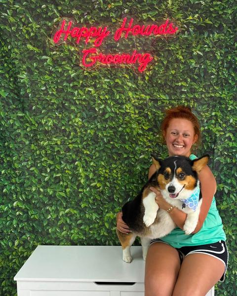 A customer holds a tricolor corgi wearing a mermaid scale bandana in front of a leaf wall.
