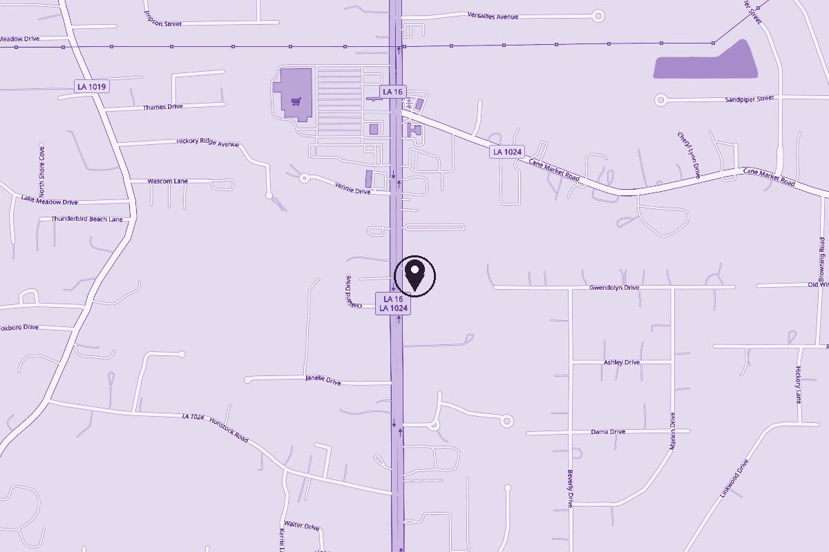 Map of Watson with LA 16 running north to south and a pin on Happy Hounds Grooming